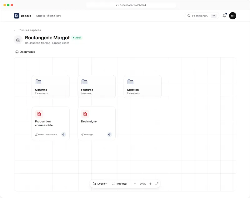 Interface de Docalio (données de démonstration)