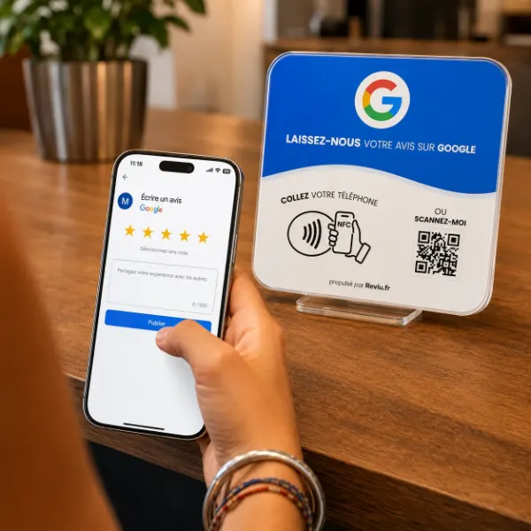 Un téléphone approché du présentoir Reviu posé sur un comptoir
