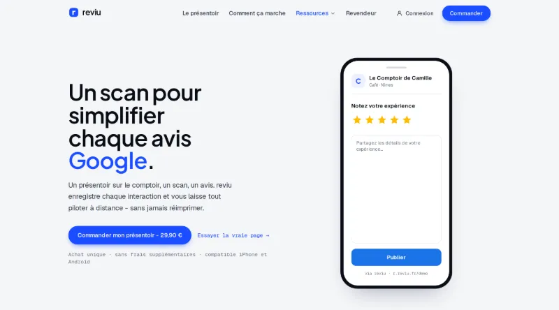 Page d’avis Reviu sur téléphone