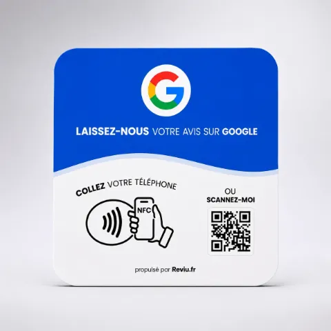 Le présentoir Reviu de face : zone NFC et QR code
